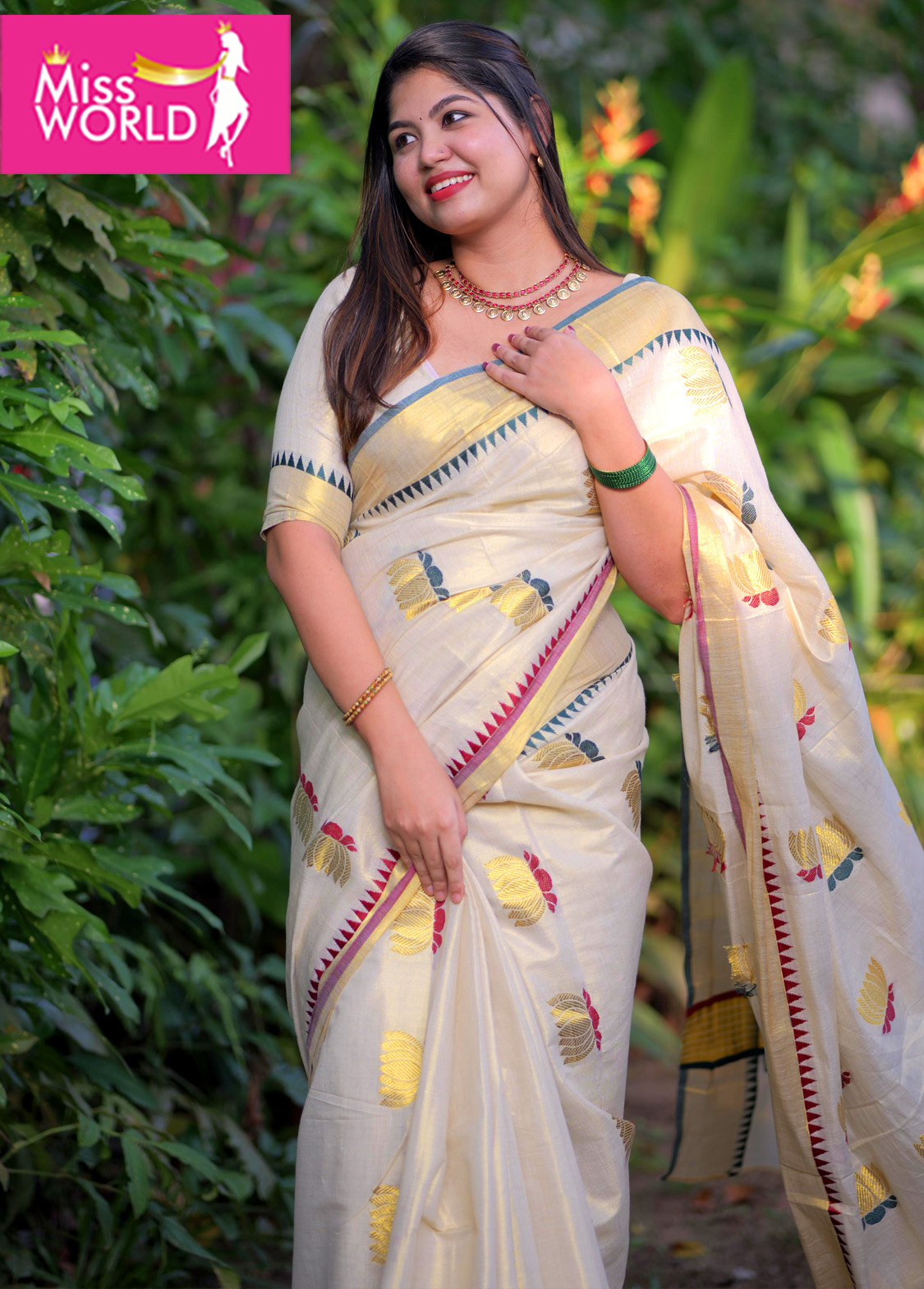 Lotus Weave Golden Tissue Saree with Temple Borders