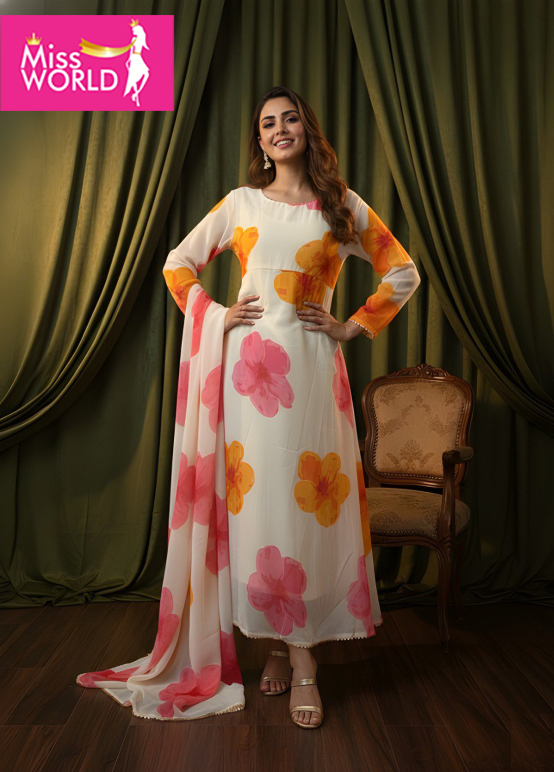 White Floral Anarkali kurta Set
