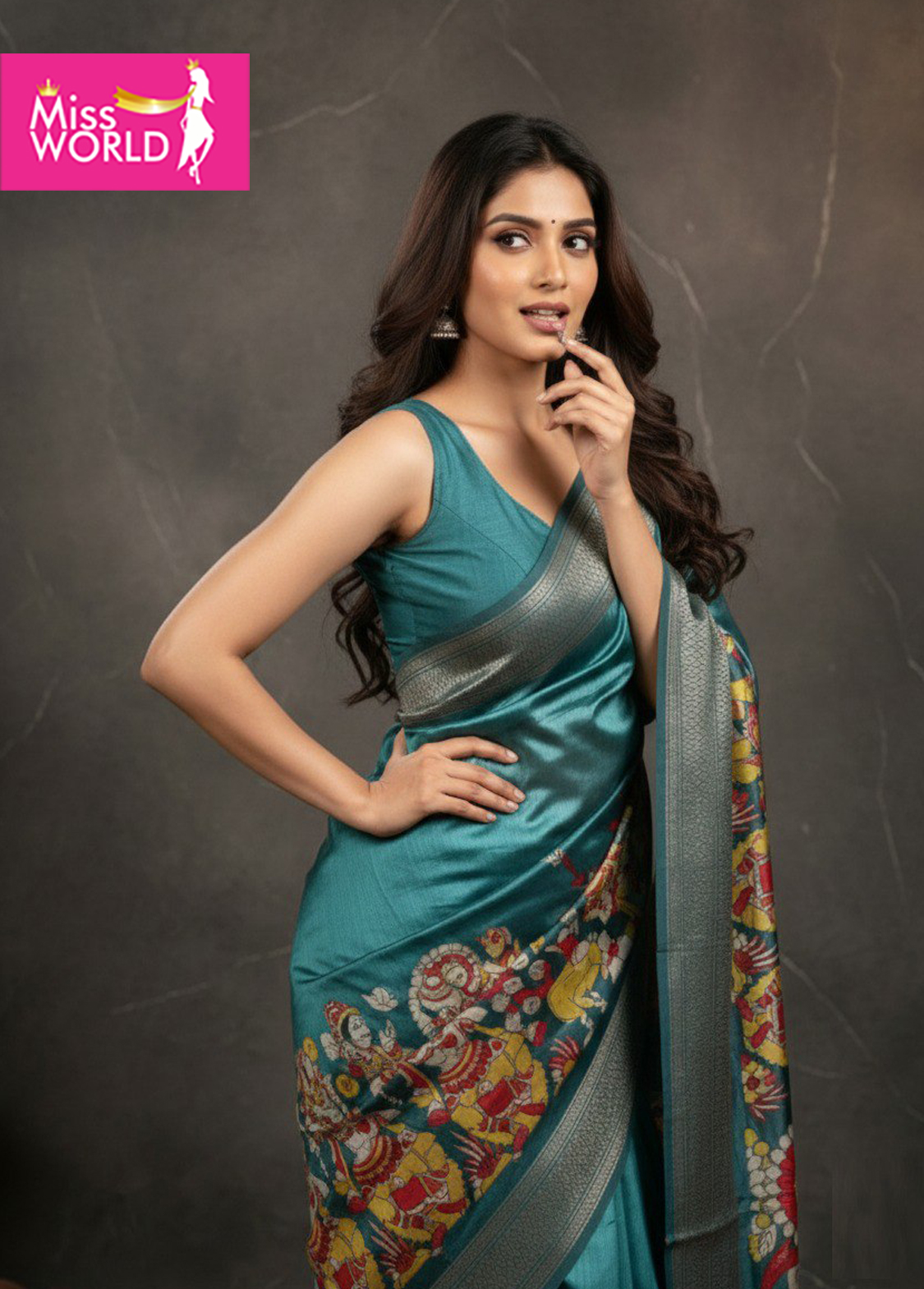 Teal Blue Kalamkari Silk Saree - Image 3
