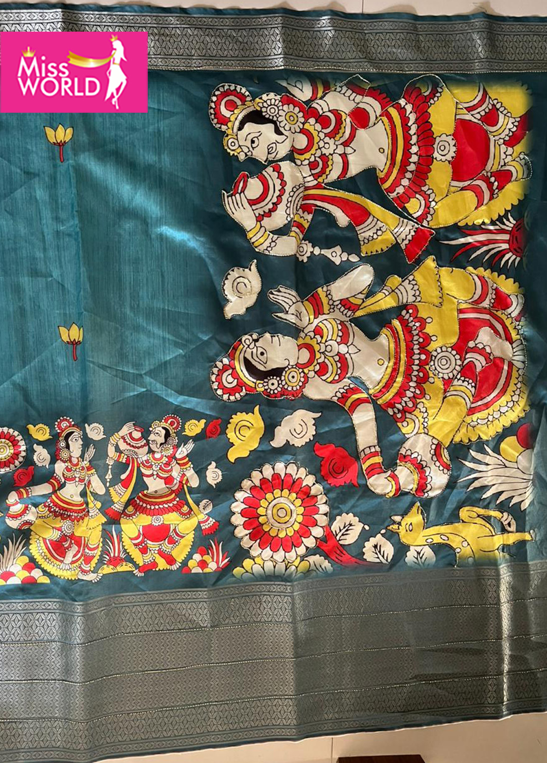 Teal Blue Kalamkari Silk Saree - Image 4