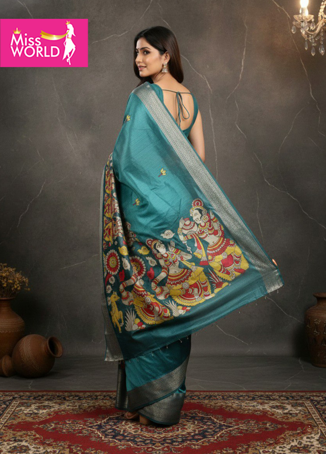 Teal Blue Kalamkari Silk Saree - Image 5
