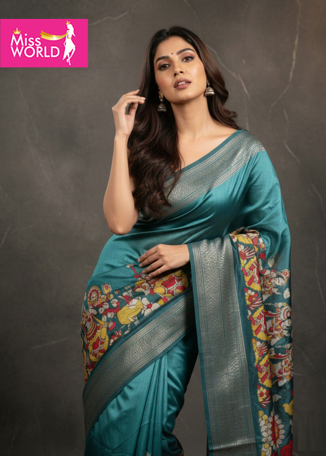 Teal Blue Kalamkari Silk Saree - Image 6