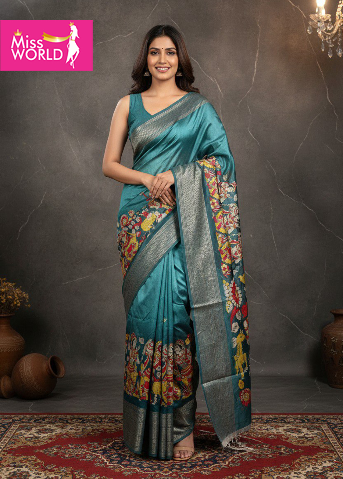 Teal Blue Kalamkari Silk Saree