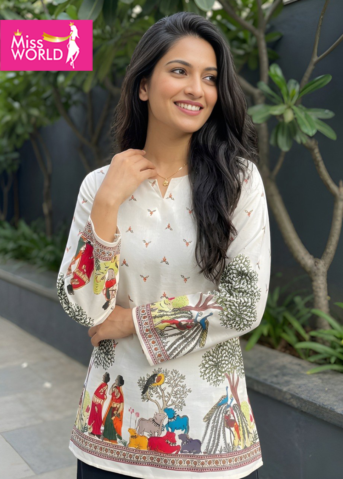 Cream Cotton Kalamkari Short Kurti